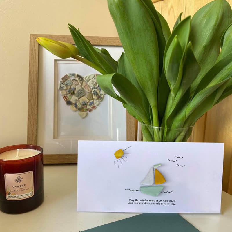 Delightful Sailboat Best Wish Sea Glass Framed Art - Seaglass Card - 6" X 8" - image 1