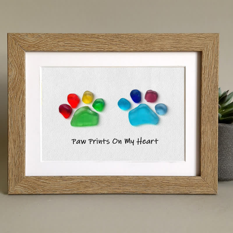 Rainbow Puppy Pet Paw Prints Sea Glass Framed Art - image 0