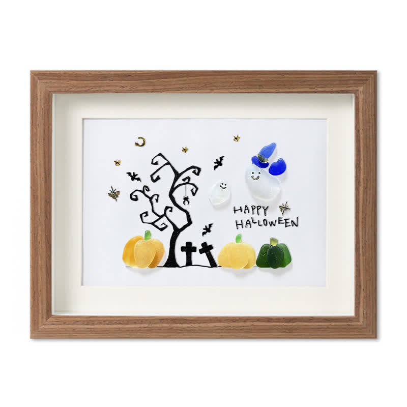Happy Halloween Ghost And Pumpkin Sea Glass Framed Art - Walnut Brown - 6" X 8" - image 13