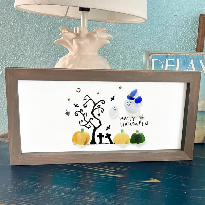 Happy Halloween Ghost And Pumpkin Sea Glass Framed Art - image 2