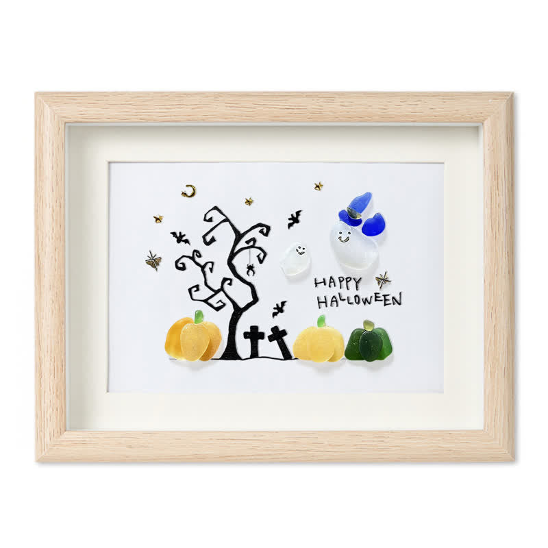 Happy Halloween Ghost And Pumpkin Sea Glass Framed Art - Oak - 6" X 8" - image 12
