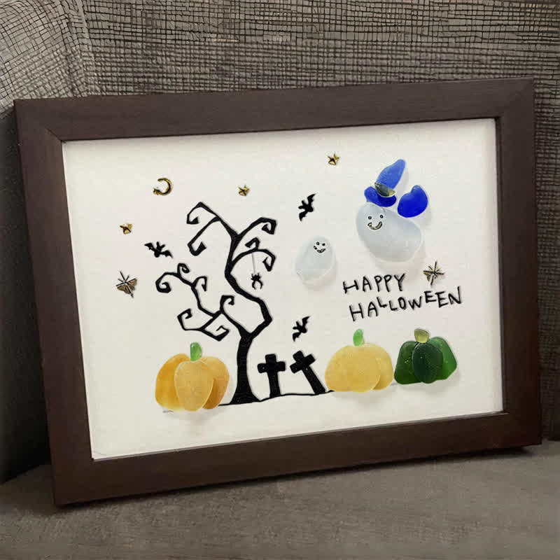 Happy Halloween Ghost And Pumpkin Sea Glass Framed Art - image 9