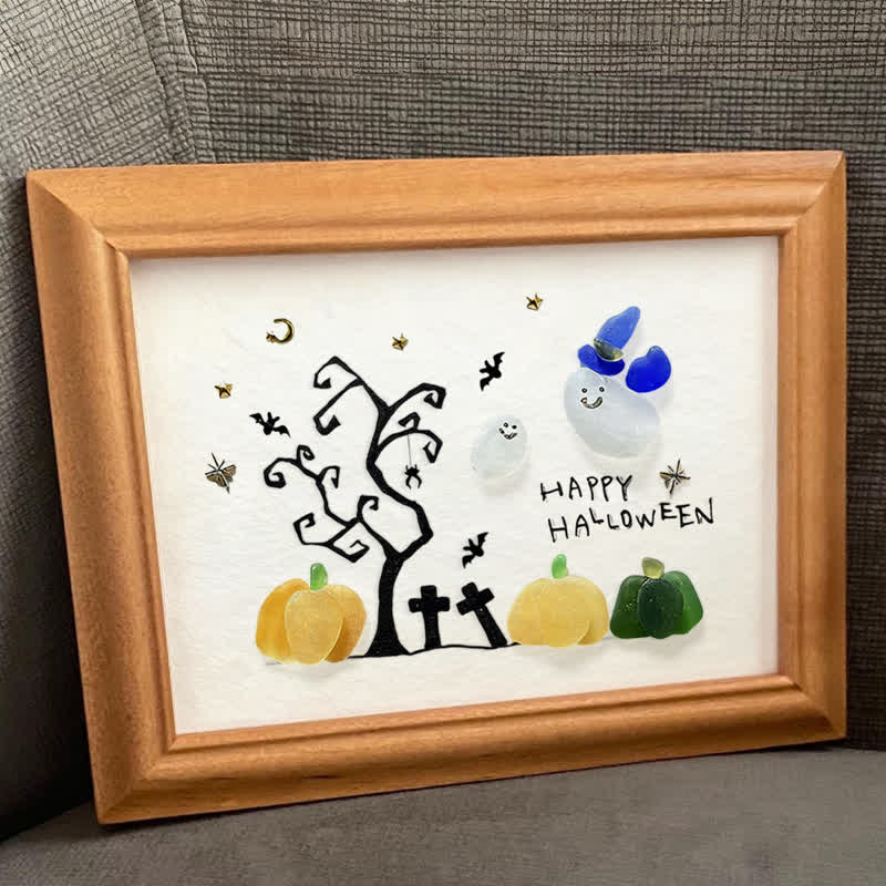 Happy Halloween Ghost And Pumpkin Sea Glass Framed Art - image 4
