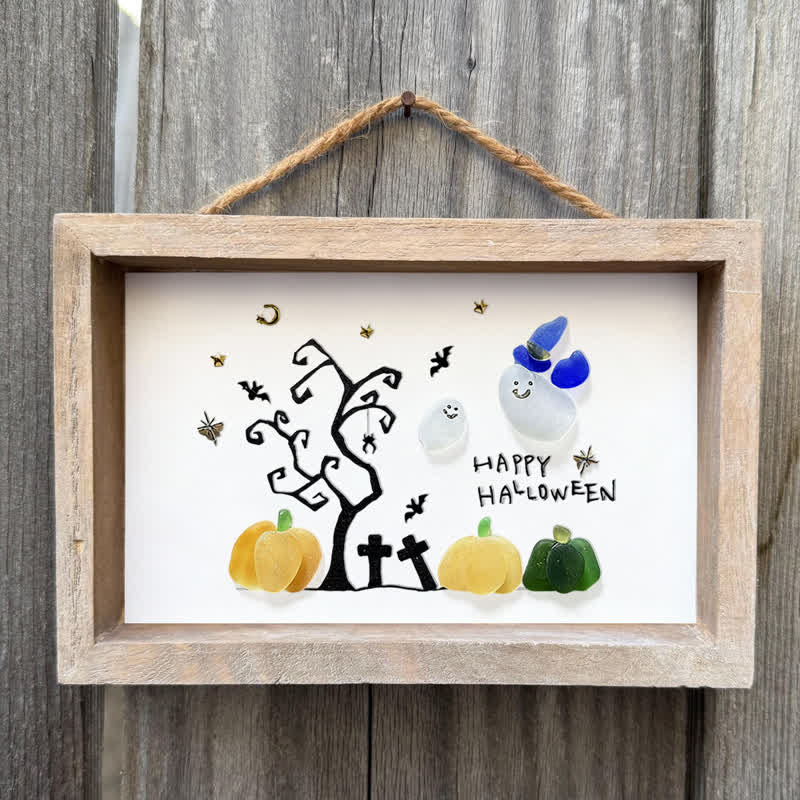 Happy Halloween Ghost And Pumpkin Sea Glass Framed Art - image 5