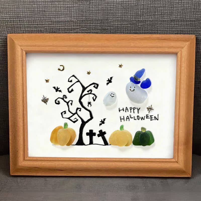 Happy Halloween Ghost And Pumpkin Sea Glass Framed Art - image 3