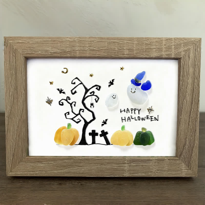Happy Halloween Ghost And Pumpkin Sea Glass Framed Art - image 0