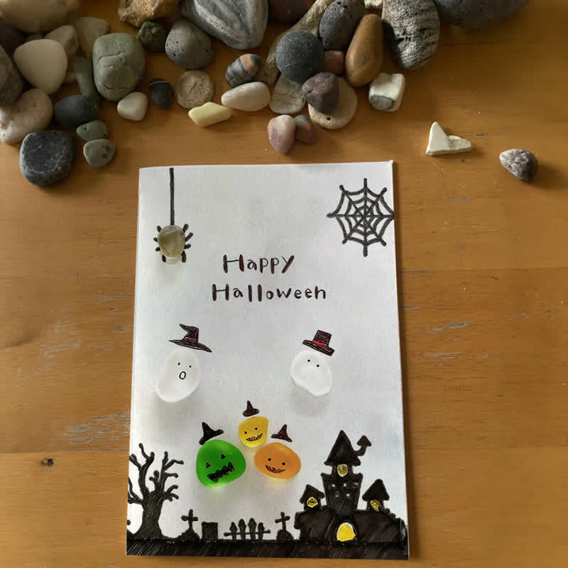 Ghost Happy Halloween Sea Glass Framed Art - Seaglass Card - 8" X 6" - image 1