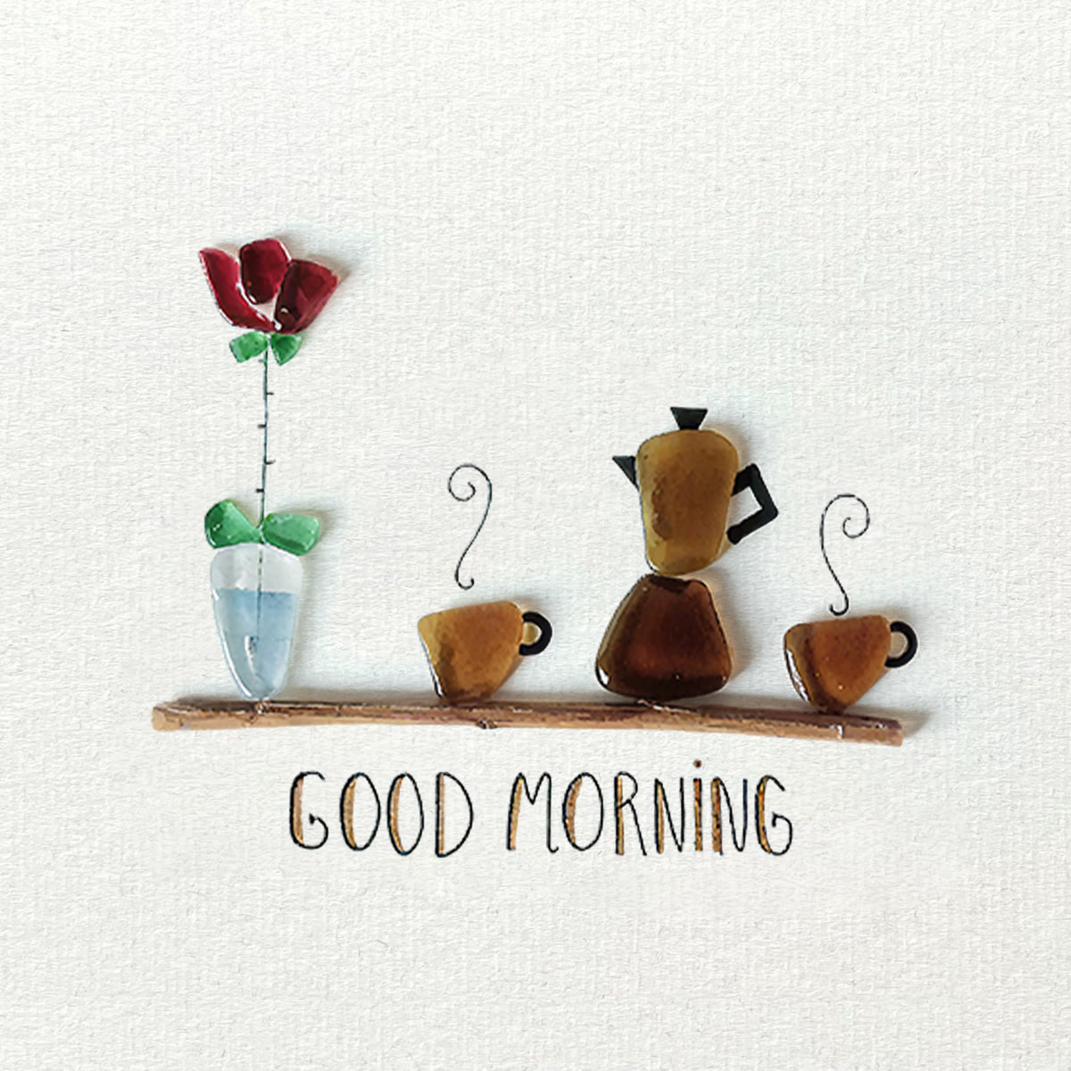 Good Morning Coffee Pot And Mugs Sea Glass Framed Art - Seaglass Card - 6" X 8" - image 1