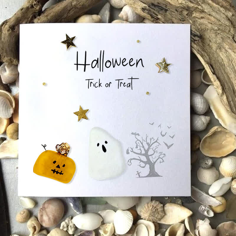 Halloween Trick Or Treat Sea Glass Framed Art - Seaglass Card - 8" X 8" - image 1