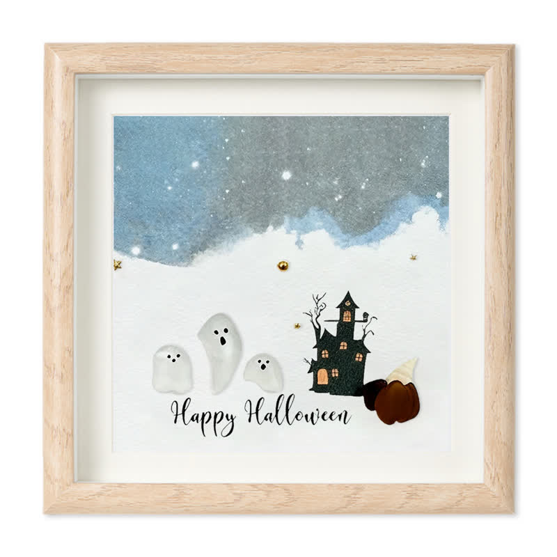 Halloween Ghost House Sea Glass Framed Art - Oak - 8" X 8" - image 6