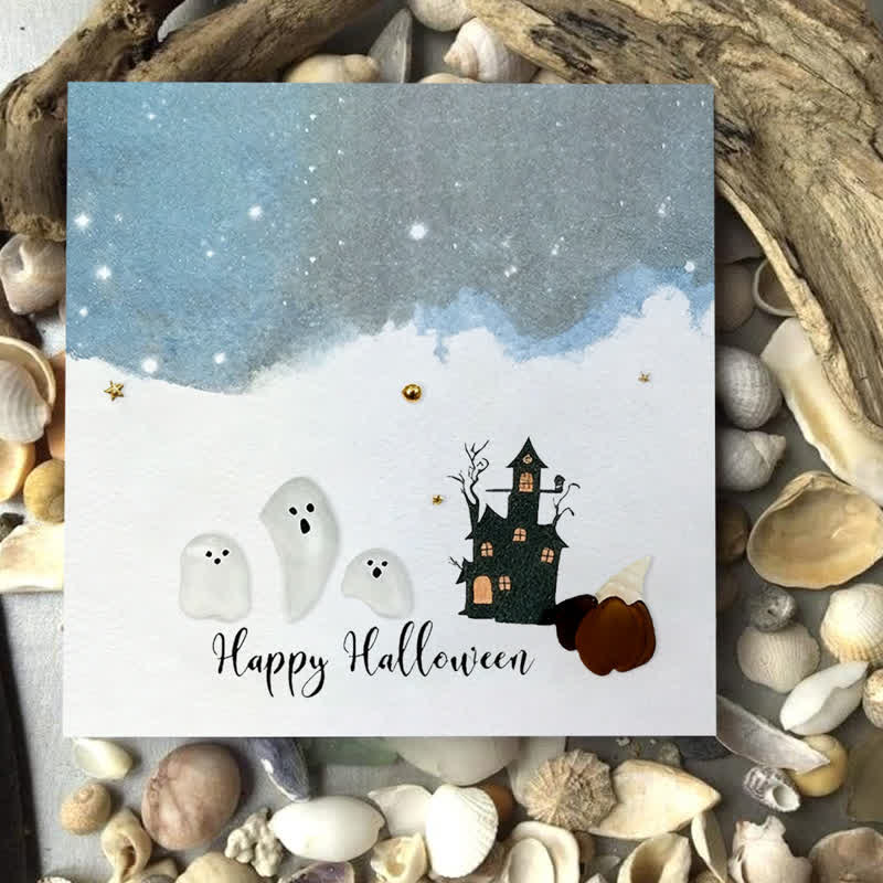 Halloween Ghost House Sea Glass Framed Art - Seaglass Card - 8" X 8" - image 1