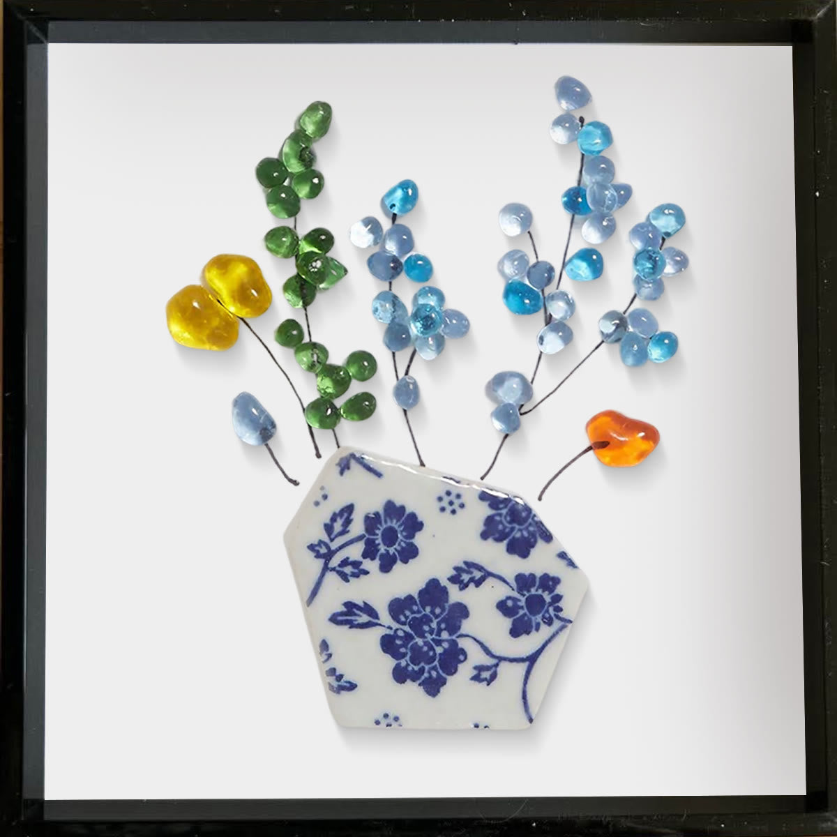 Colored Floral In Blue And White Vase Sea Glass Framed Art - image 5