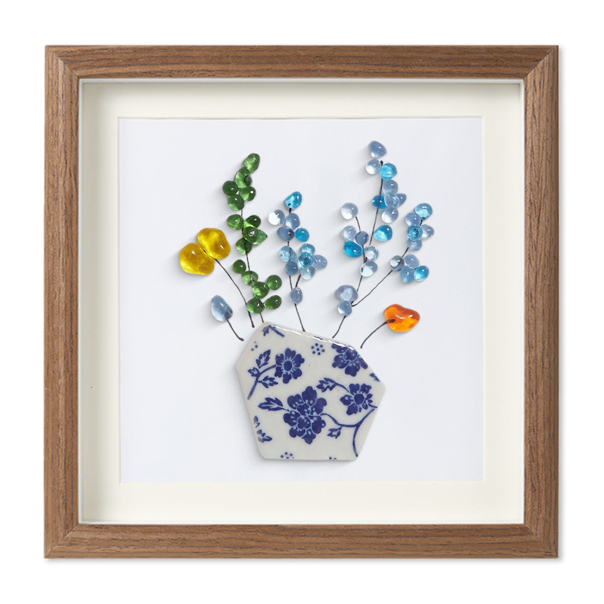 Colored Floral In Blue And White Vase Sea Glass Framed Art - Walnut Brown - 8" X 8" - image 10