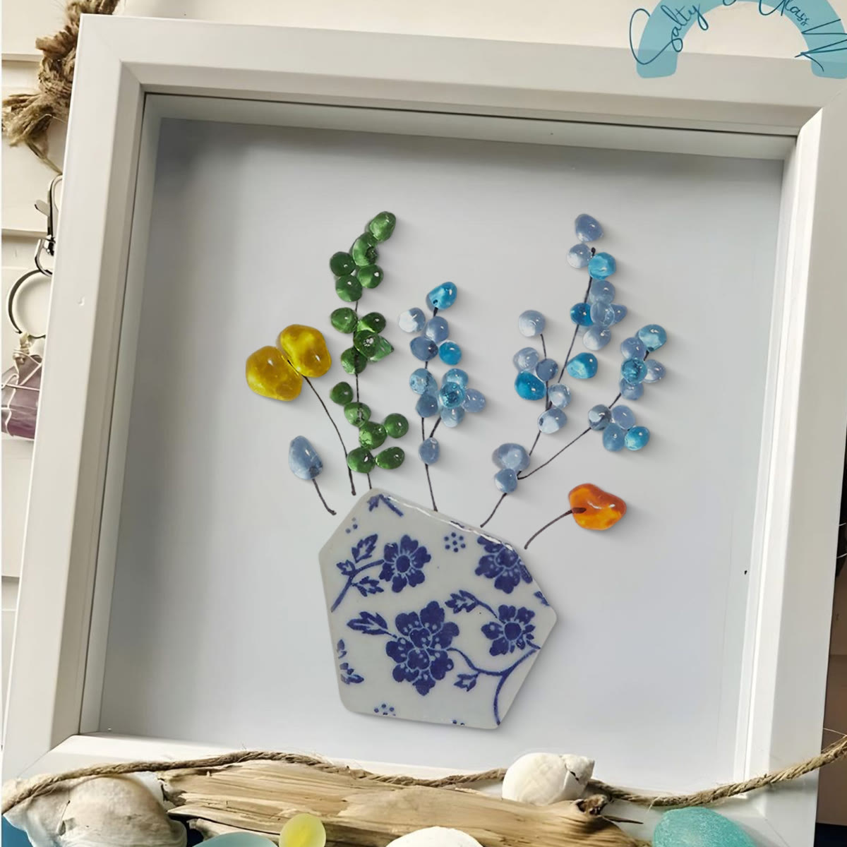 Colored Floral In Blue And White Vase Sea Glass Framed Art - image 4