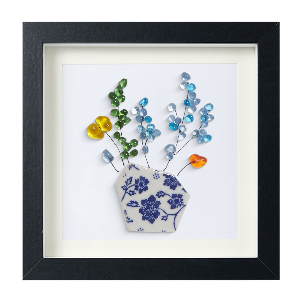 Colored Floral In Blue And White Vase Sea Glass Framed Art - Black - 8" X 8" - image 11