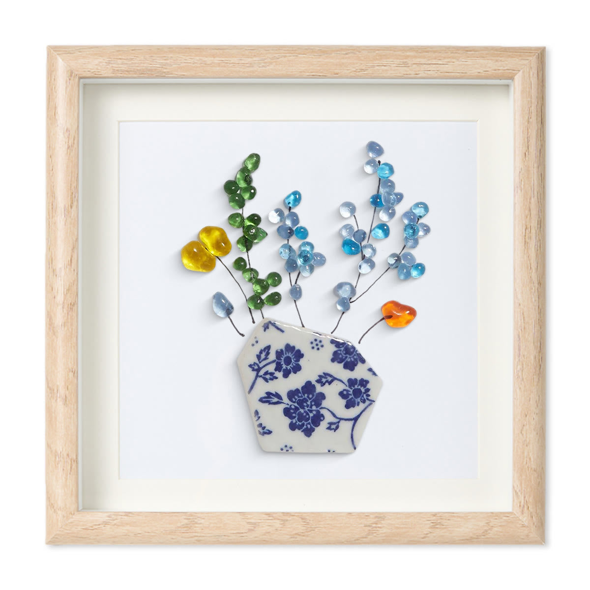 Colored Floral In Blue And White Vase Sea Glass Framed Art - Oak - 8" X 8" - image 9