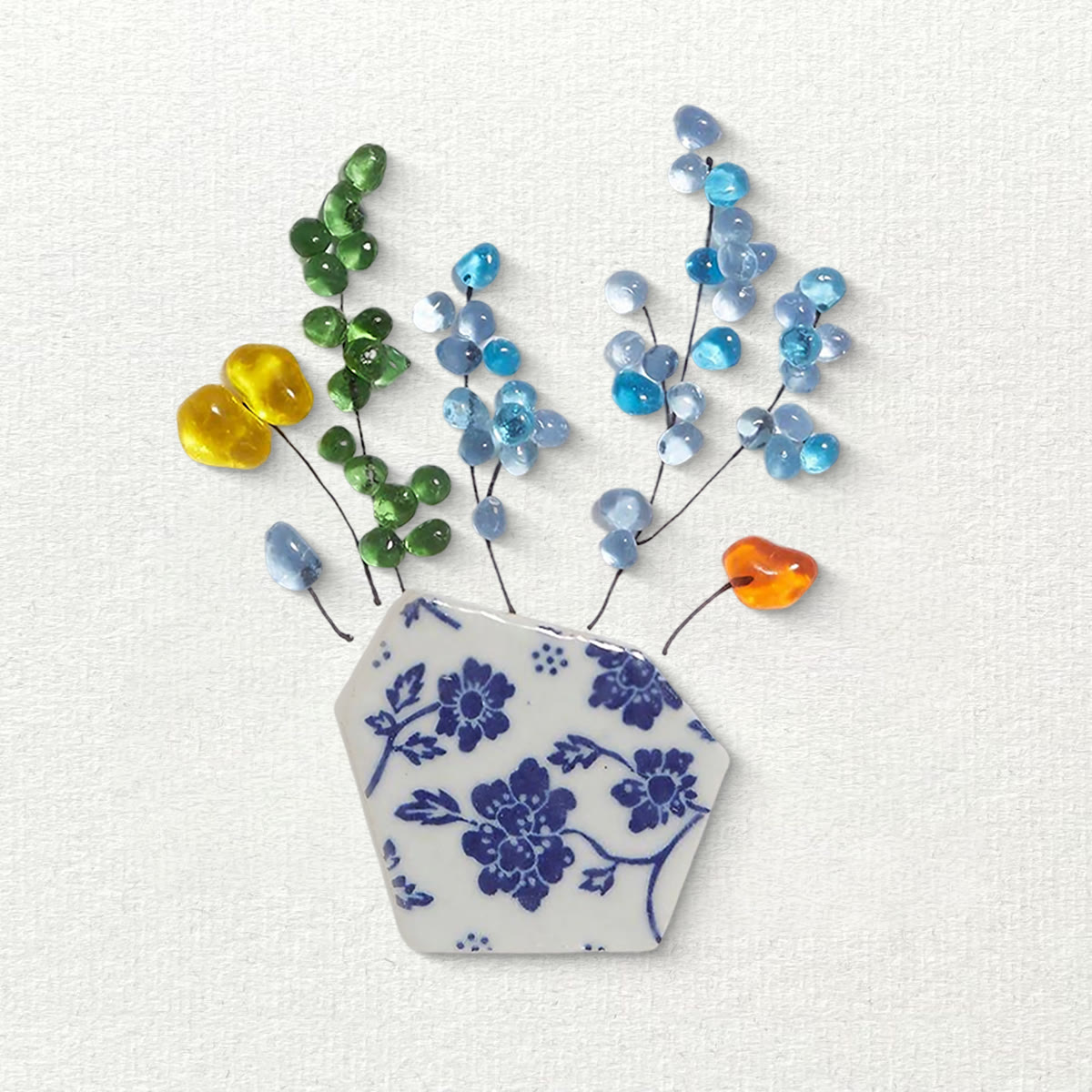 Colored Floral In Blue And White Vase Sea Glass Framed Art - Seaglass Card - 8" X 8" - image 1