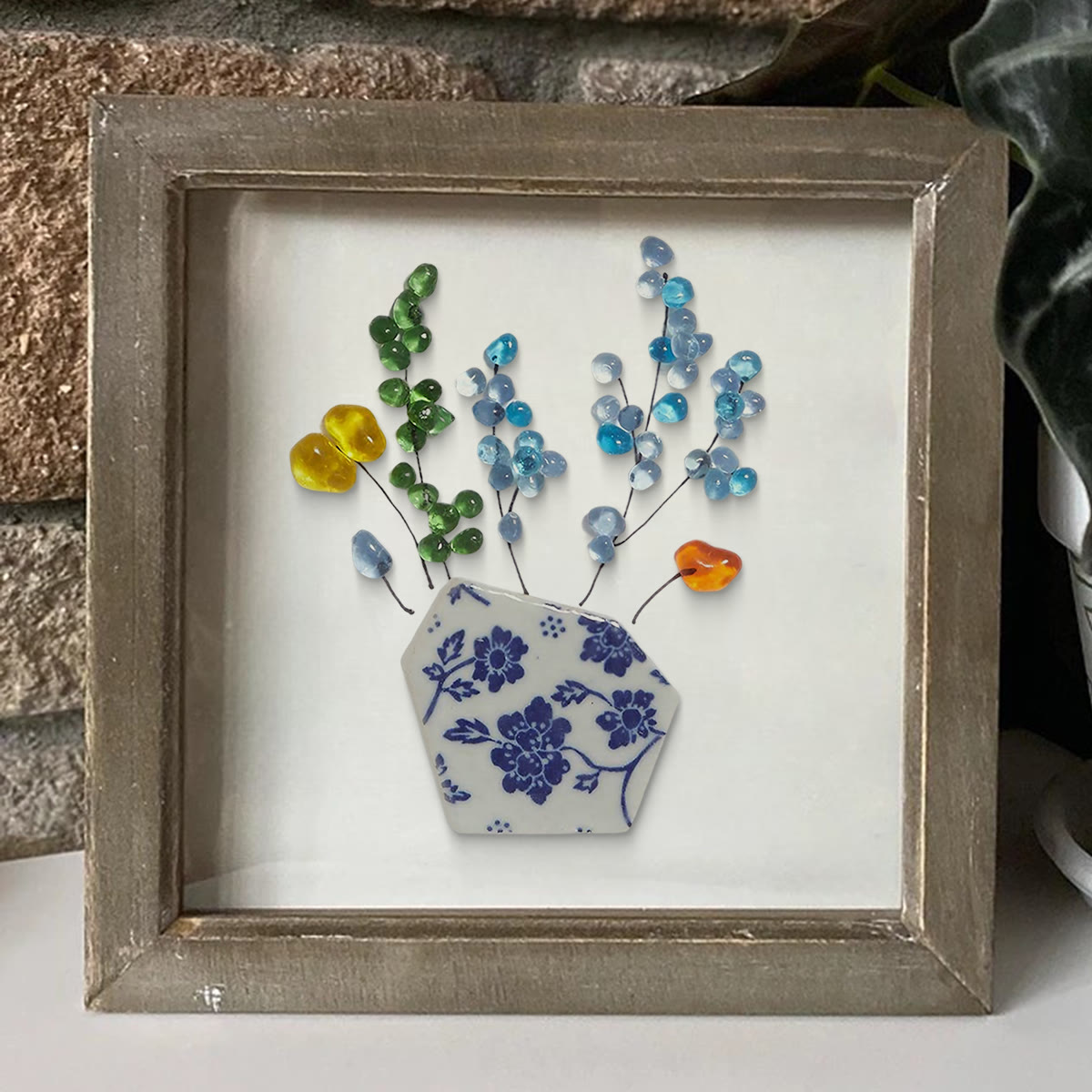 Colored Floral In Blue And White Vase Sea Glass Framed Art - image 3