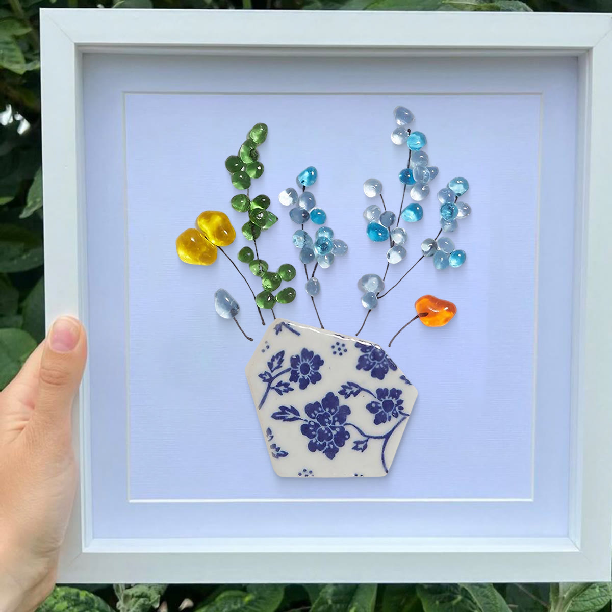 Colored Floral In Blue And White Vase Sea Glass Framed Art - image 6