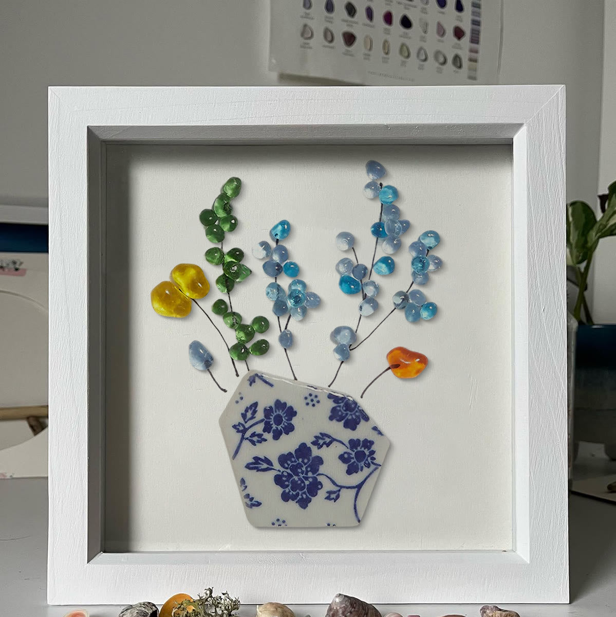 Colored Floral In Blue And White Vase Sea Glass Framed Art - image 8