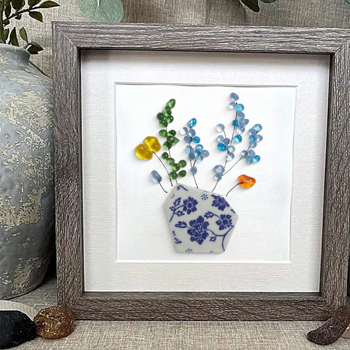 Colored Floral In Blue And White Vase Sea Glass Framed Art - image 0