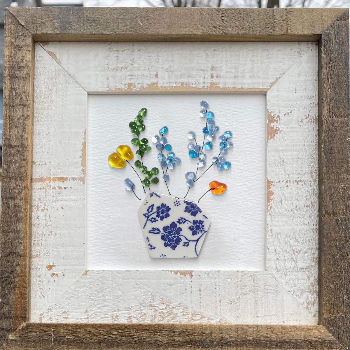 Colored Floral In Blue And White Vase Sea Glass Framed Art - image 2