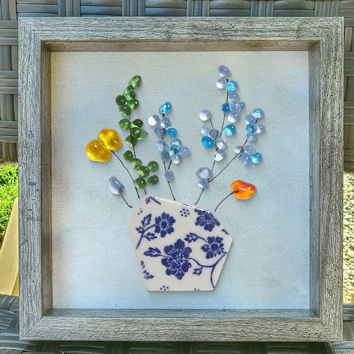 Colored Floral In Blue And White Vase Sea Glass Framed Art - image 7