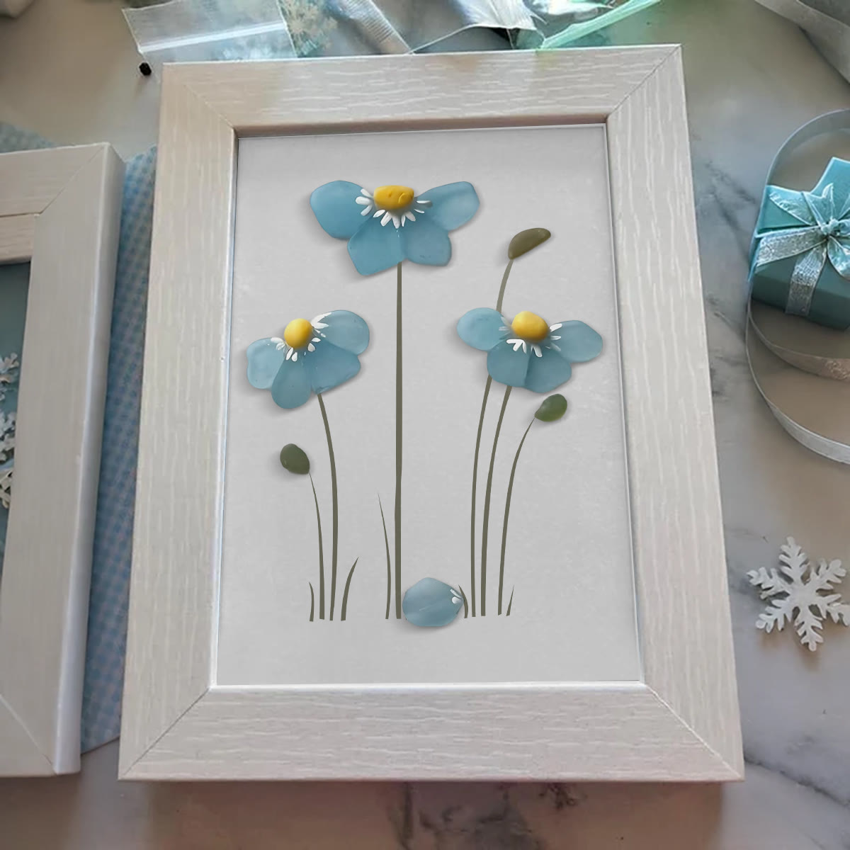 Blue Blossoming Flower Sea Glass Framed Art - image 3