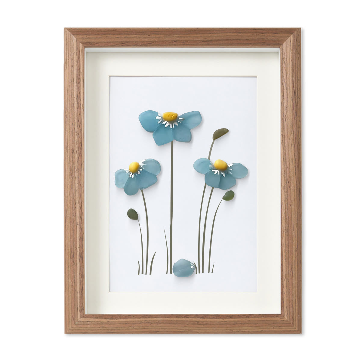 Blue Blossoming Flower Sea Glass Framed Art - Walnut Brown - 8" X 6" - image 10