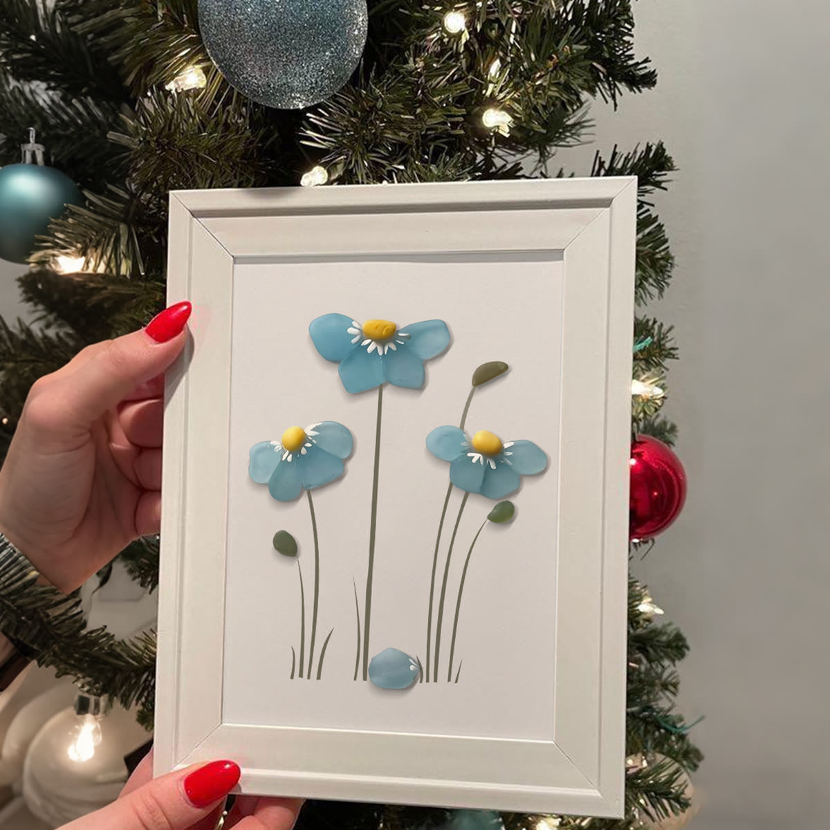 Blue Blossoming Flower Sea Glass Framed Art - image 4