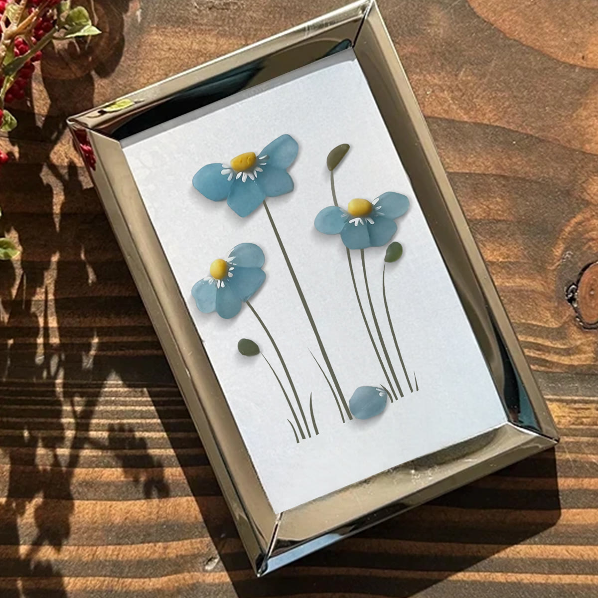 Blue Blossoming Flower Sea Glass Framed Art - image 2