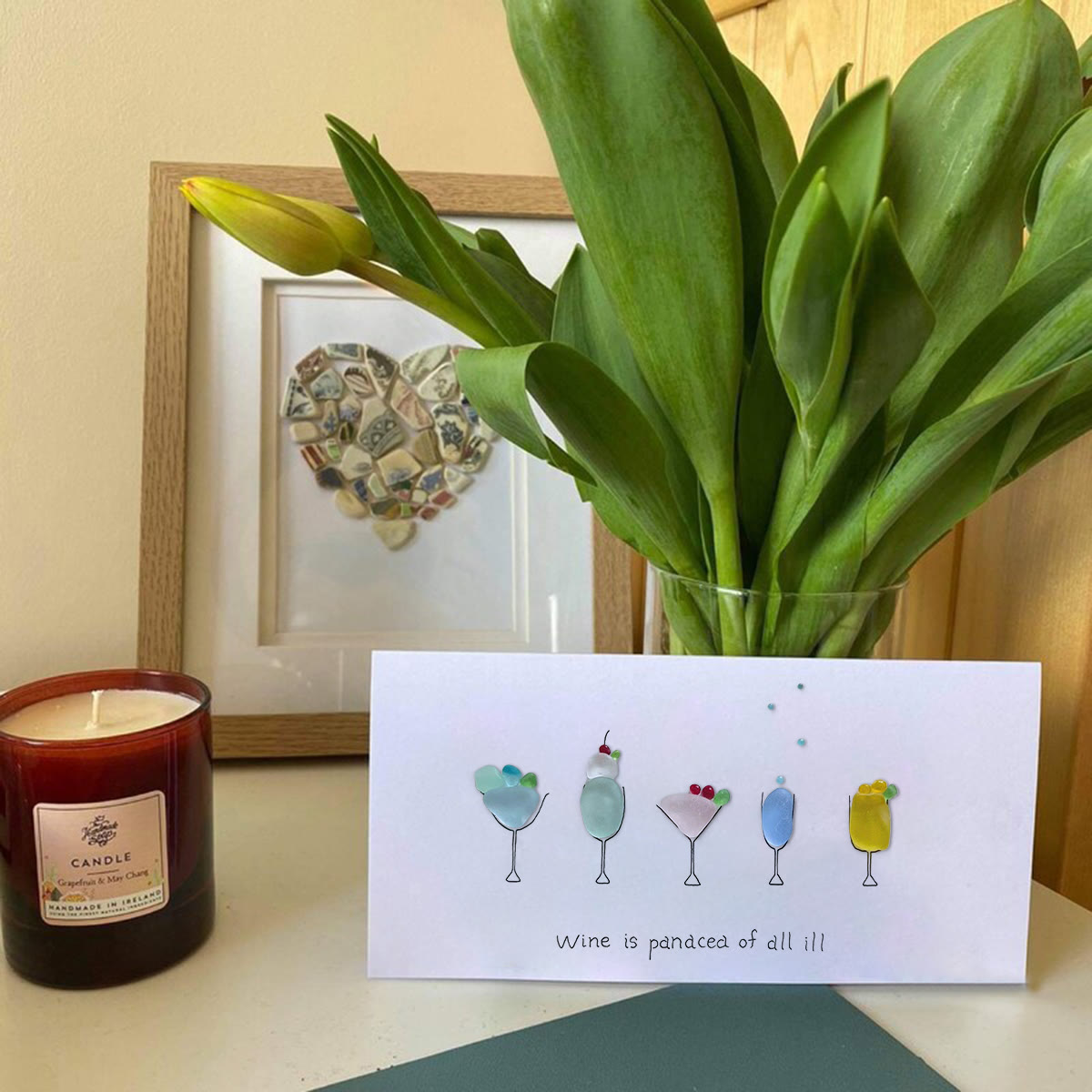 Wine is a panacea of all ill Sea Glass Framed Art - Seaglass Card - 6" X 8" - image 1