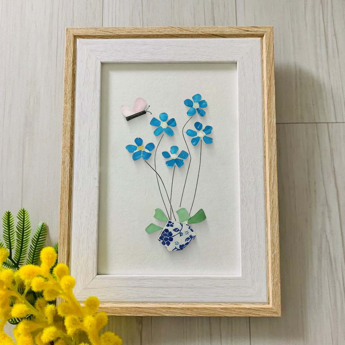 Blue Flower And Butterfly Seaglass Card Artwork With Frame - image 0