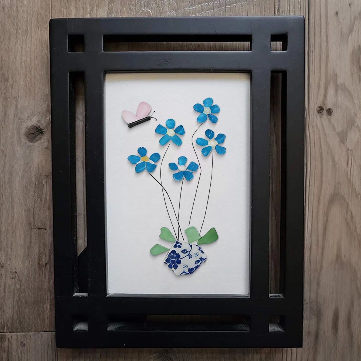Blue Flower And Butterfly Seaglass Card Artwork With Frame - image 6