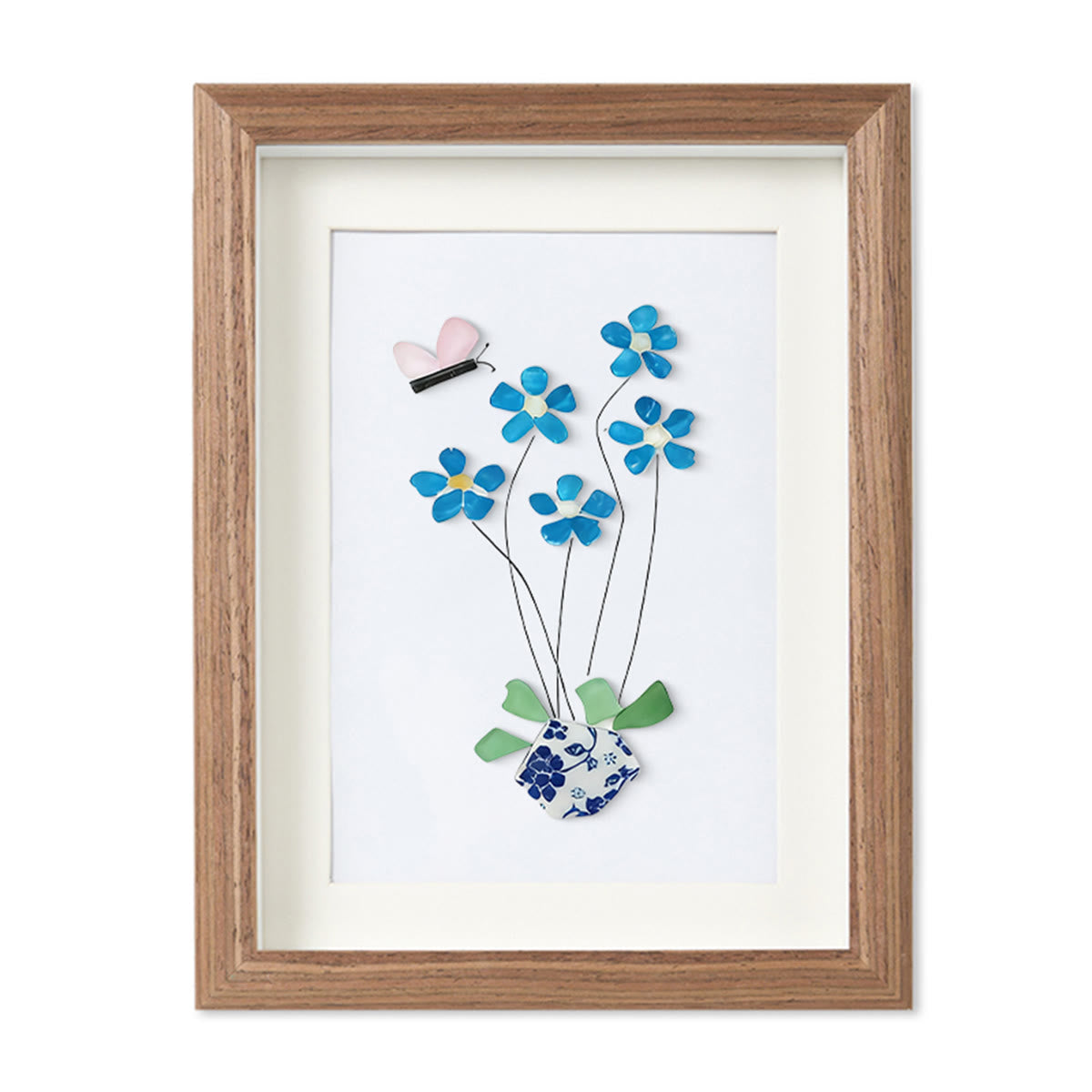 Blue Flower And Butterfly Seaglass Card Artwork With Frame - Walnut Brown - 8" X 6" - image 10