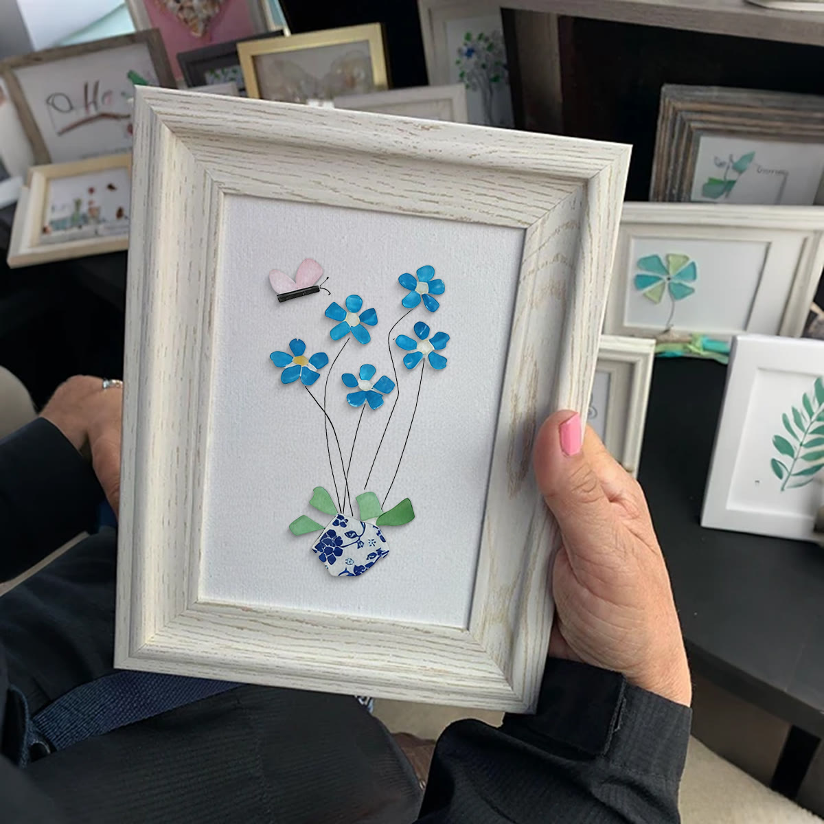 Blue Flower And Butterfly Seaglass Card Artwork With Frame - image 2