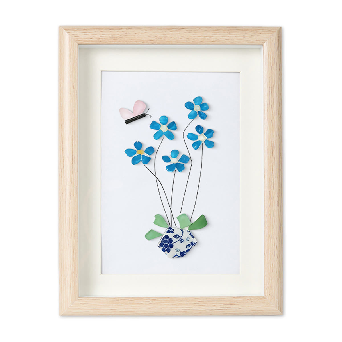 Blue Flower And Butterfly Seaglass Card Artwork With Frame - Oak - 8" X 6" - image 9