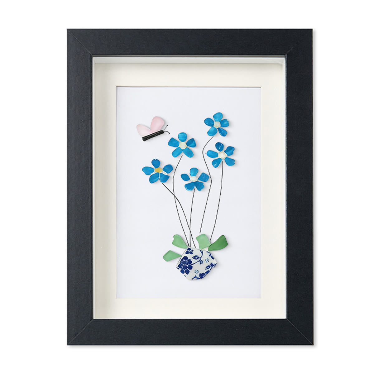 Blue Flower And Butterfly Seaglass Card Artwork With Frame - Black - 8" X 6" - image 11