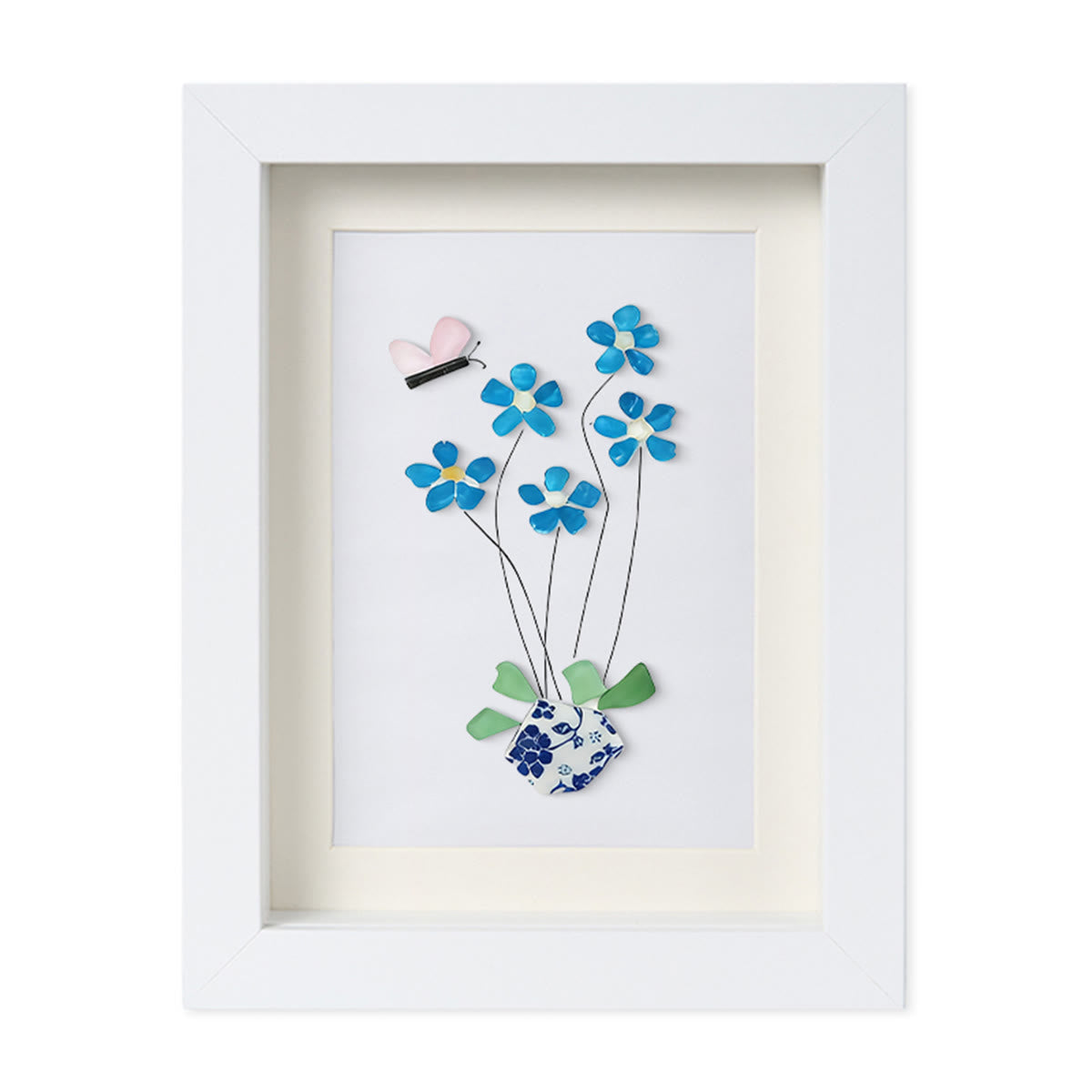 Blue Flower And Butterfly Seaglass Card Artwork With Frame - White - 8" X 6" - image 12