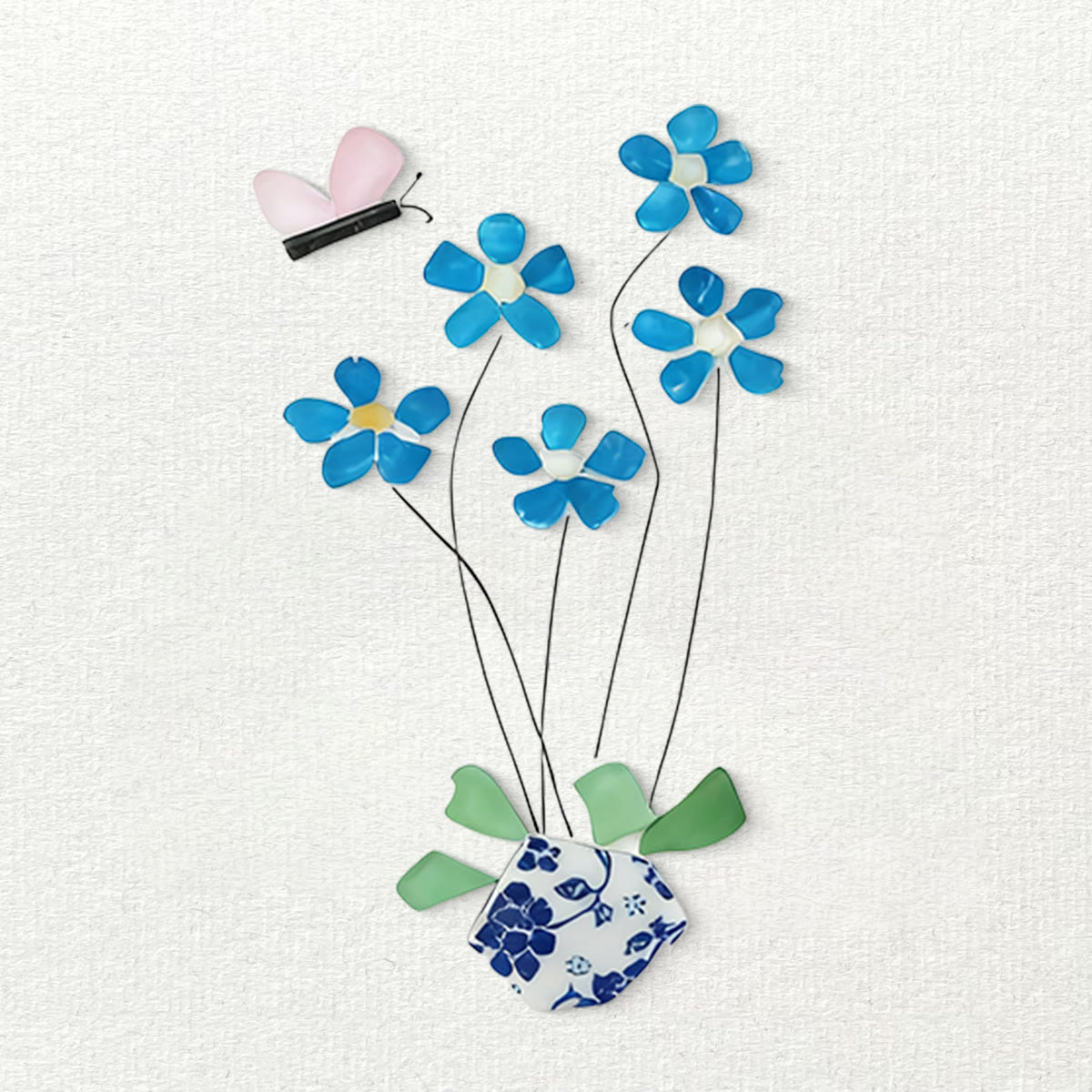 Blue Flower And Butterfly Seaglass Card Artwork With Frame - image 7