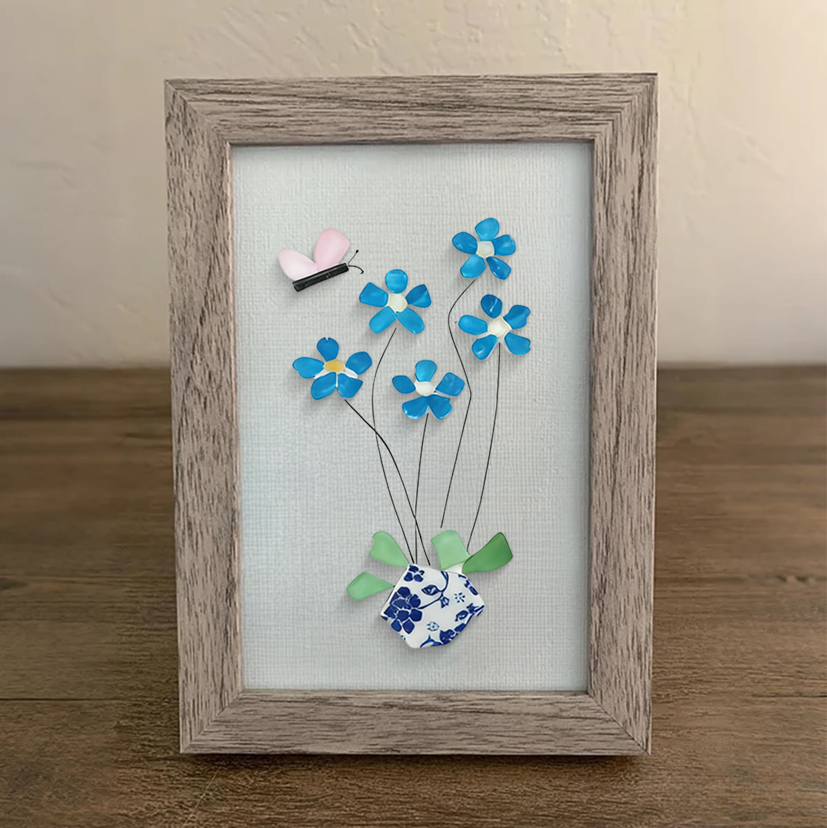 Blue Flower And Butterfly Seaglass Card Artwork With Frame - image 5