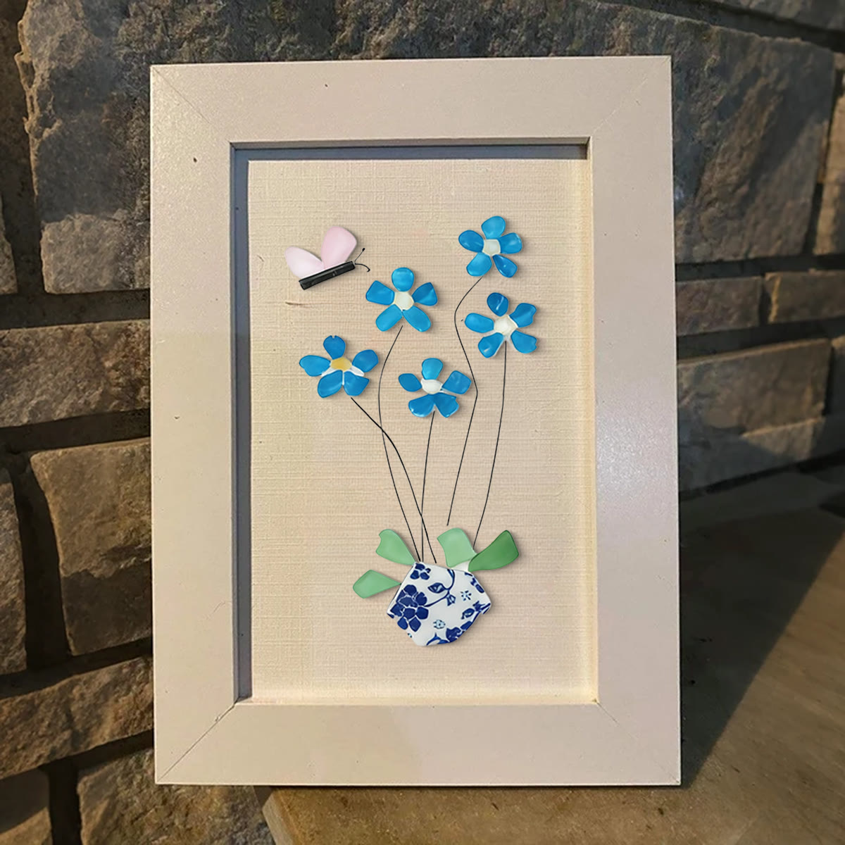 Blue Flower And Butterfly Seaglass Card Artwork With Frame - image 7
