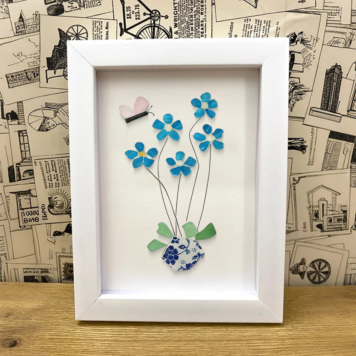 Blue Flower And Butterfly Seaglass Card Artwork With Frame - image 3