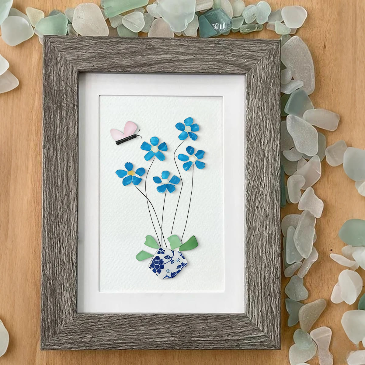 Blue Flower And Butterfly Seaglass Card Artwork With Frame - image 4