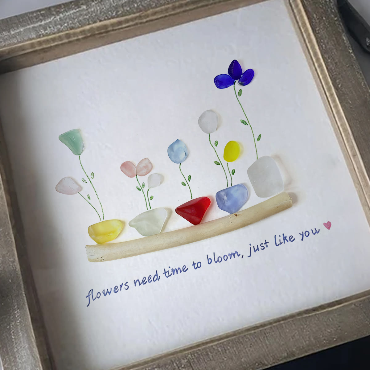 Encourage Colorful Flower Seaglass Card Artwork With Frame - image 0