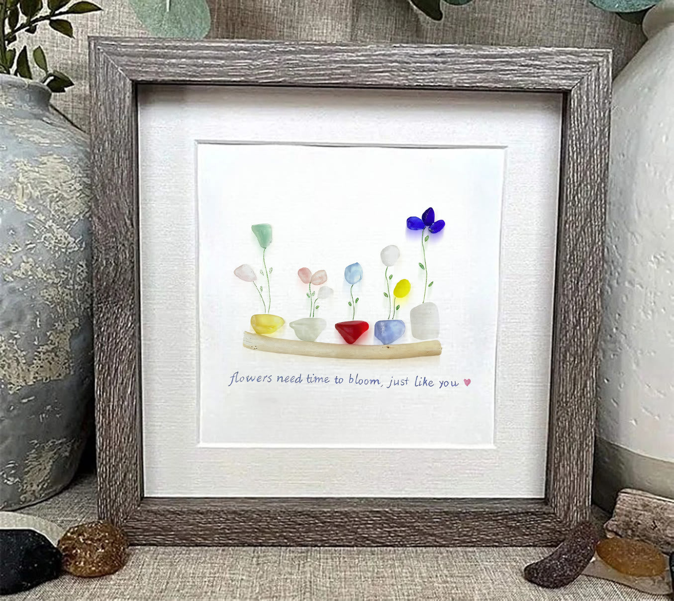 Encourage Colorful Flower Seaglass Card Artwork With Frame - image 5