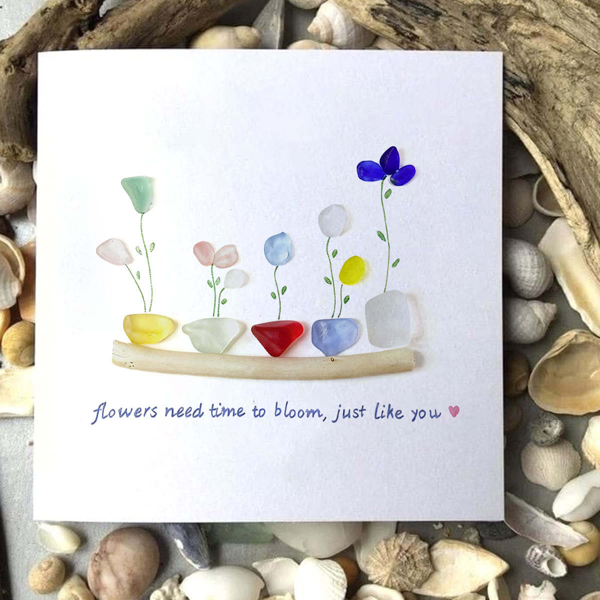 Encourage Colorful Flower Seaglass Card Artwork With Frame - Seaglass Card - 8" X 8" - image 1