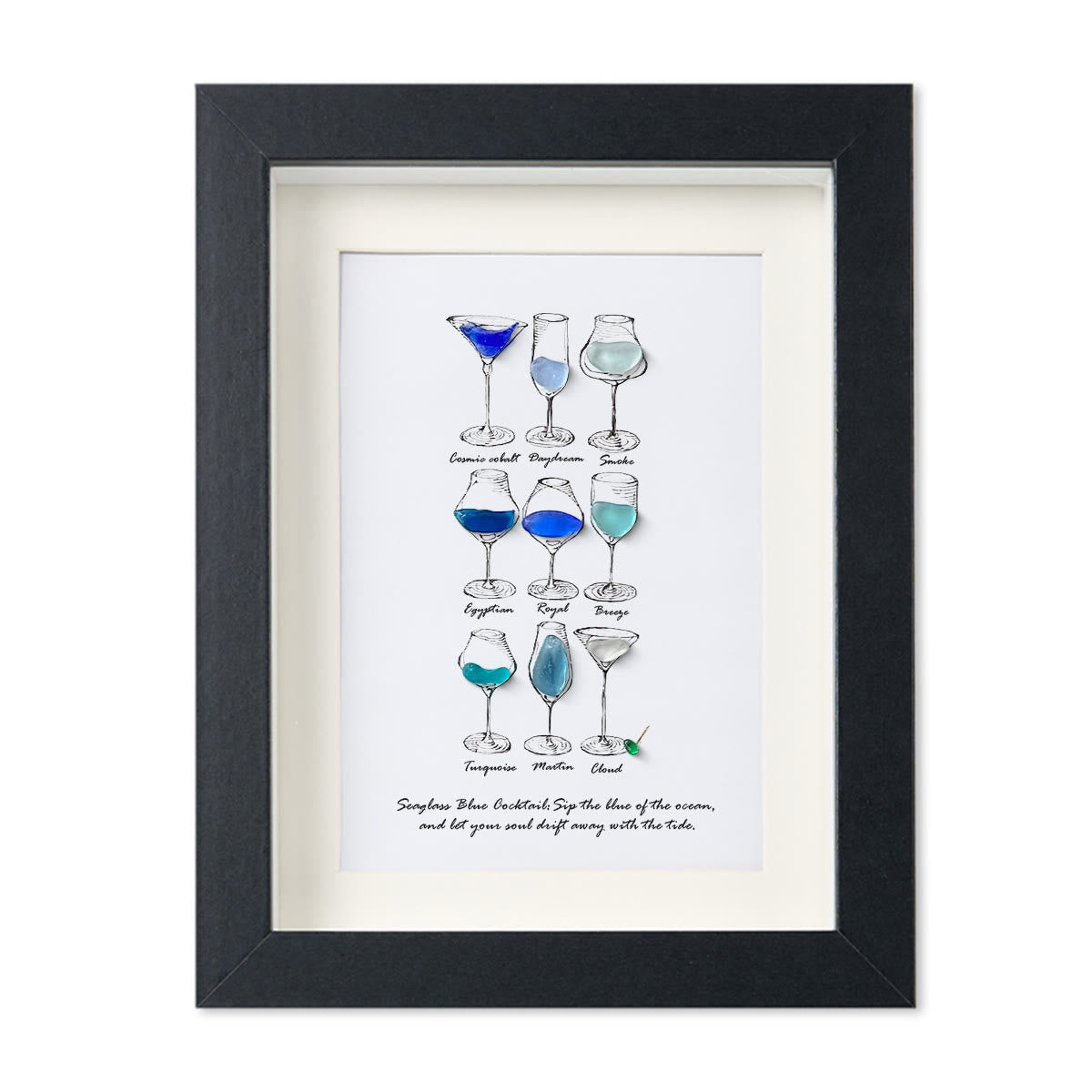 Dreamy Blue Cocktail Seaglass Card Artwork With Frame - Black - 8" X 6" - image 10