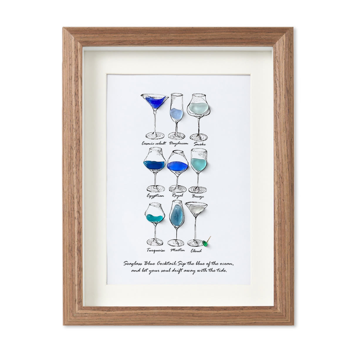 Dreamy Blue Cocktail Seaglass Card Artwork With Frame - Walnut Brown - 8" X 6" - image 9