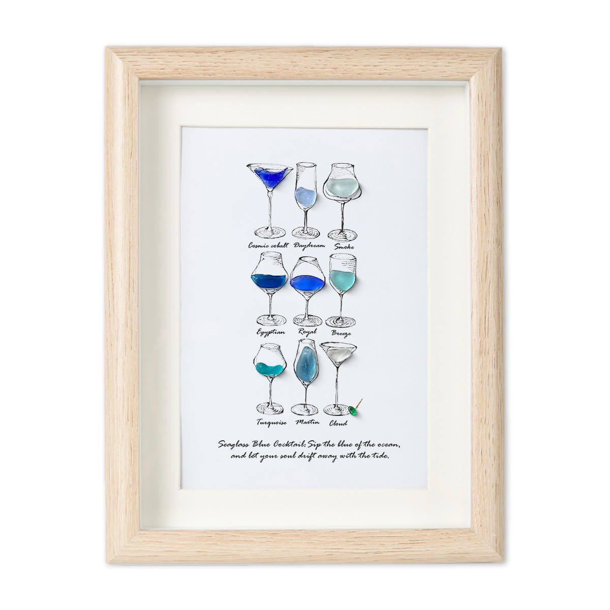 Dreamy Blue Cocktail Seaglass Card Artwork With Frame - Oak - 8" X 6" - image 8
